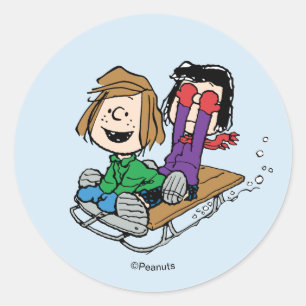 Peanuts Peppermint Patty & Marcie Sled Riding Classic Round Sticker