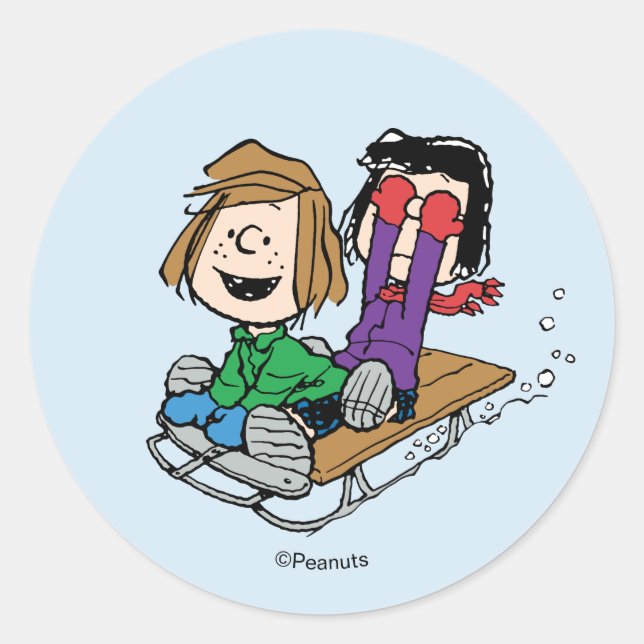 Peanuts | Peppermint Patty & Marcie Sled Riding Classic Round Sticker (Front)