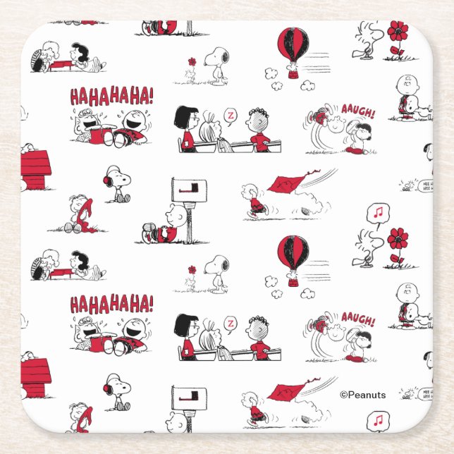 PEANUTS | Red & Black Pattern Square Paper Coaster (Front)