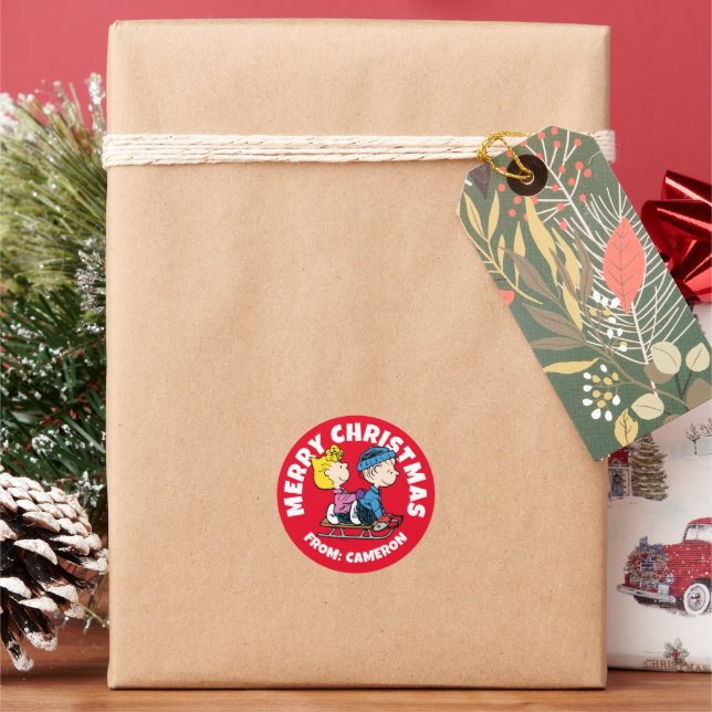 Peanuts | Sally & Linus Sled Riding Classic Round Sticker (Holiday)