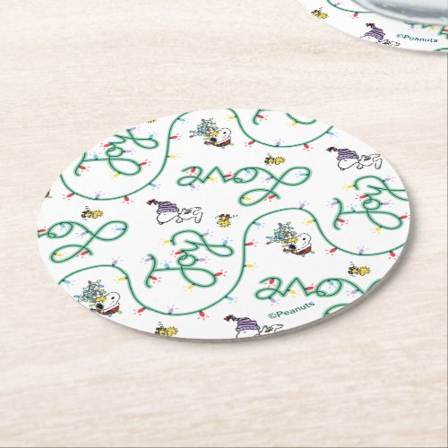 Peanuts  Shiny and Bright Christmas Love Pattern Round Paper Coaster