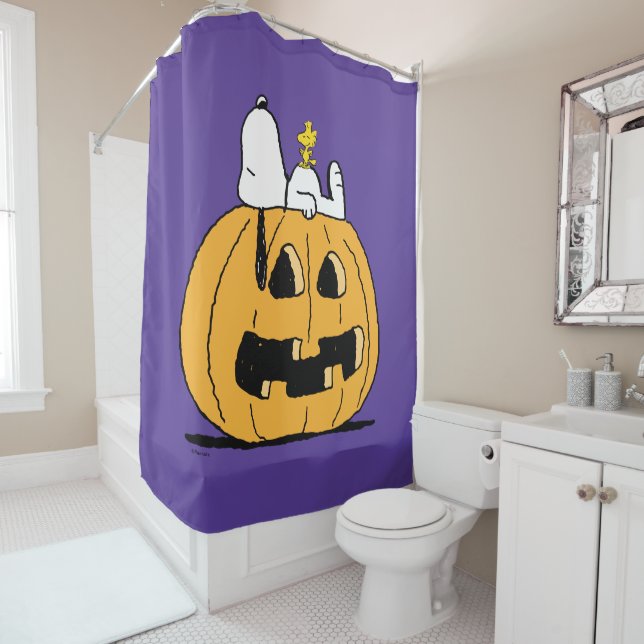 Peanuts | Snoopy and Woodstock Jack-O-Lantern Shower Curtain (In Situ)