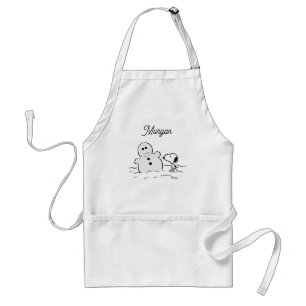 Peanuts Snoopy Builds A Snowman Add Your Name Adult Apron