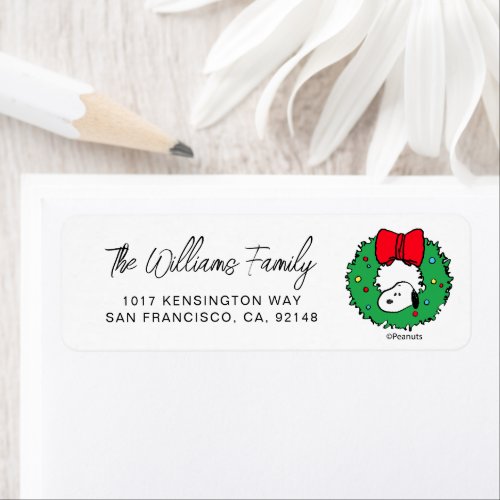 Peanuts  Snoopy Christmas Wreath  Bow Label