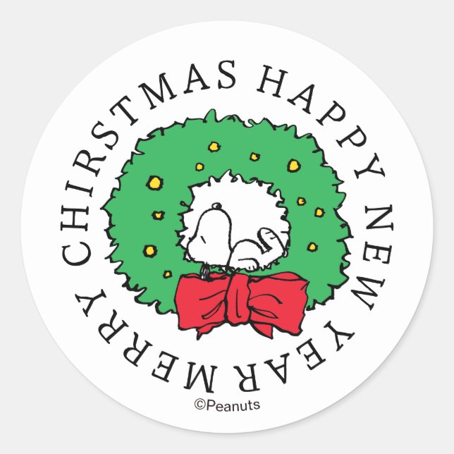 Peanuts | Snoopy Christmas Wreath Classic Round St Classic Round Sticker (Front)