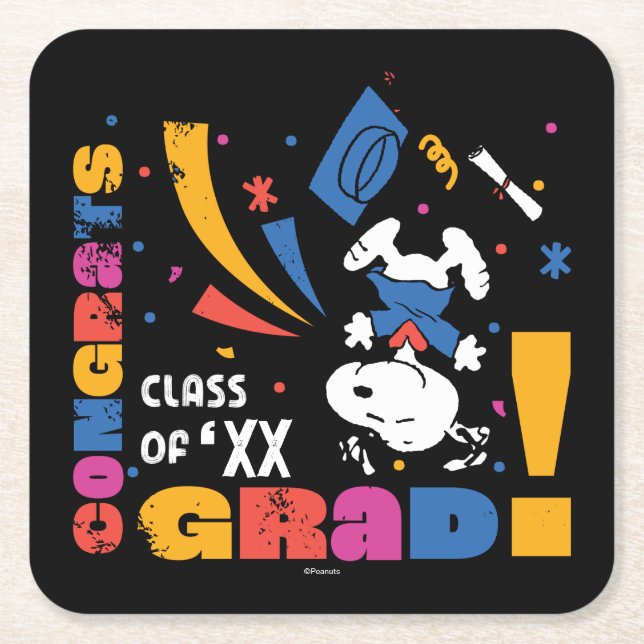 Peanuts Snoopy Congrats Grad Graduation Confetti Square Paper Coaster (Front)
