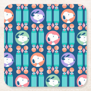 Peanuts Snoopy Dark Blue Deco Dreams Pattern Square Paper Coaster