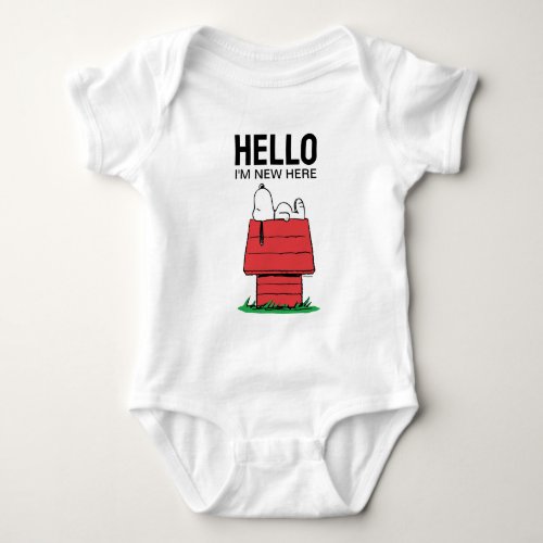 Peanuts Snoopy Dog House  Hello m New Here Baby Bodysuit