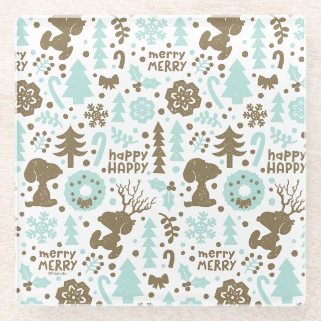 Peanuts | Snoopy Frosty Christmas Pattern Glass Coaster (Front)