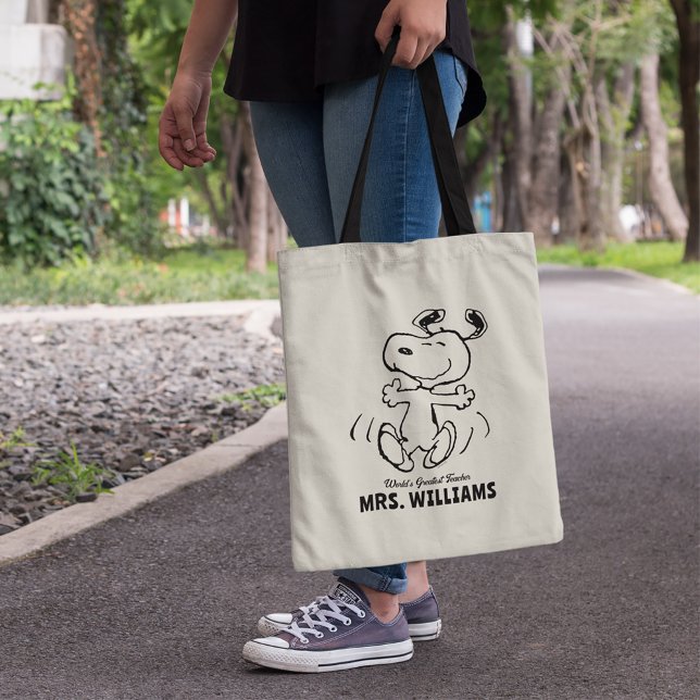 Peanuts | Snoopy Greatest Teacher Personalized Tote Bag (Person carrying tote bag)