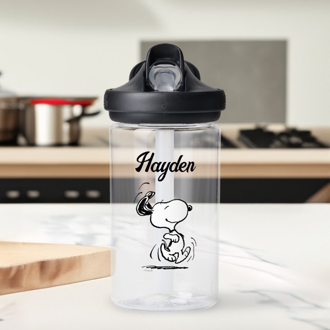 Peanuts | Snoopy Happy Dance | Add Your Name Water Bottle (Water bottle on counter)