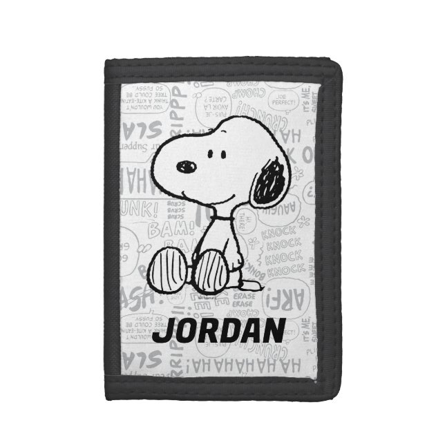 PEANUTS | Snoopy on Black White | Add Your Name Trifold Wallet (Front Vertical)