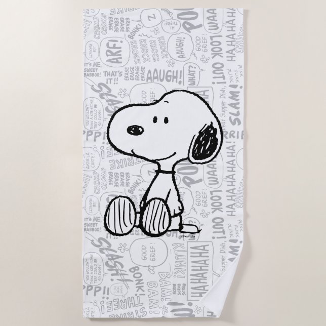 PEANUTS | Snoopy on Black White Comics Beach Towel (Front)
