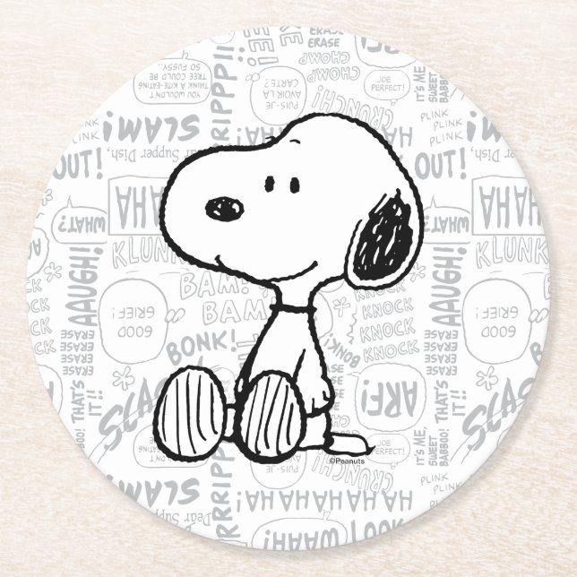 PEANUTS | Snoopy on Black White Comics Round Paper Coaster (Front)