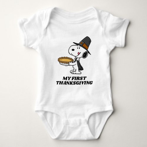 Peanuts  Snoopy Pilgrim _ My 1st Thanksgiving Baby Bodysuit