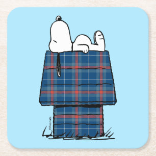 Peanuts Snoopy Plaid Flannel Holiday Dog House Square Paper Coaster