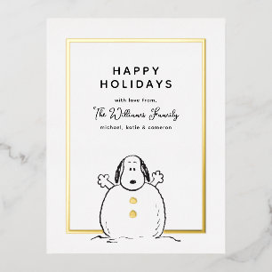 Peanuts   Snoopy Playing Snowman Family Photo Foil Holiday Postcard