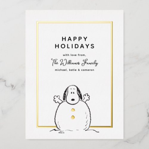 Peanuts  Snoopy Playing Snowman Family Photo Foil Holiday Postcard