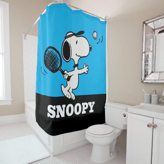 Peanuts | Snoopy Plays Tennis Shower Curtain (In Situ)