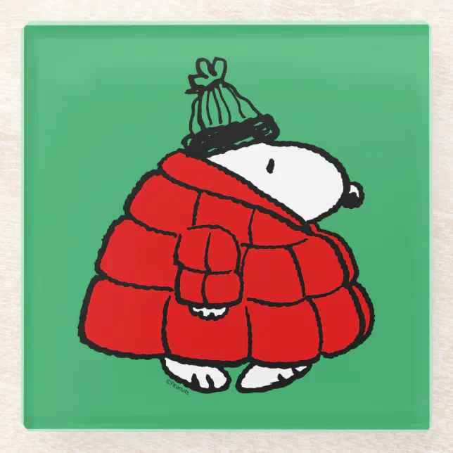 Peanuts | Snoopy Red Puffer Jacket Glass Coaster | Zazzle