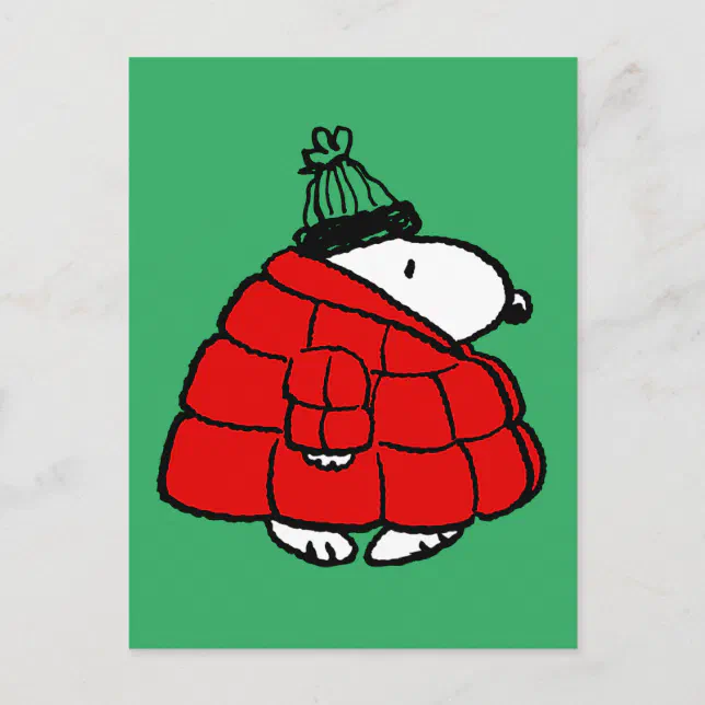 Peanuts Snoopy Red Puffer Jacket Holiday Postcard Zazzle