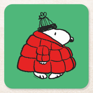 Peanuts Snoopy Red Puffer Jacket Square Paper Coaster