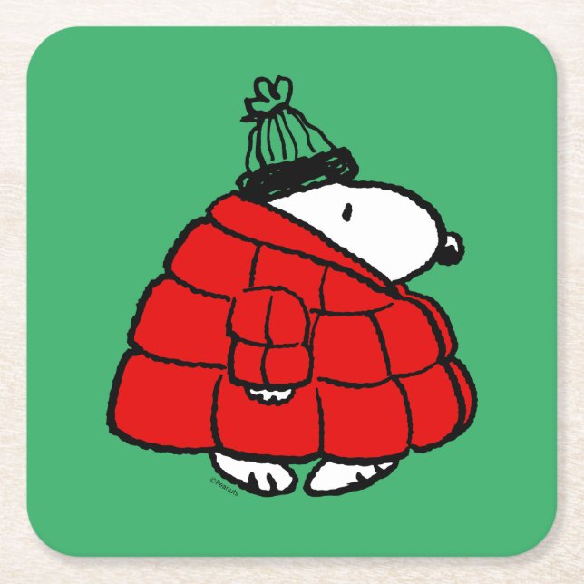 Peanuts | Snoopy Red Puffer Jacket Square Paper Coaster (Front)