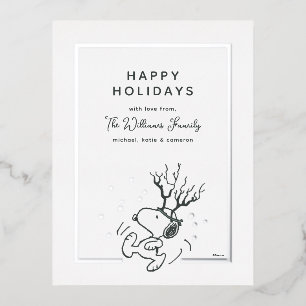 Peanuts Snoopy Reindeer Family Photo Foil Holiday Postcard