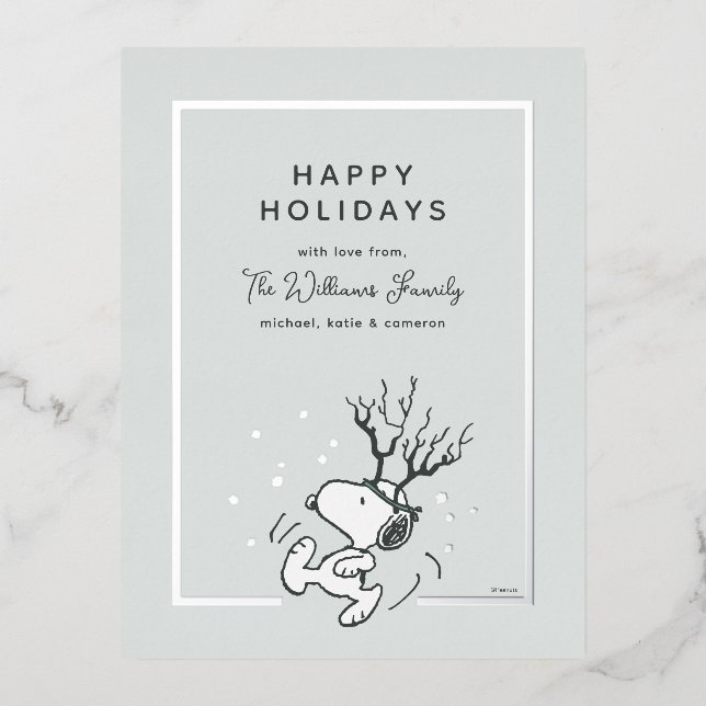 Peanuts | Snoopy Reindeer Family Photo Foil Holiday Postcard (Front)