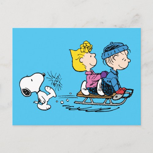 Peanuts  Snoopy Sally  Linus Sled Riding Holiday Postcard