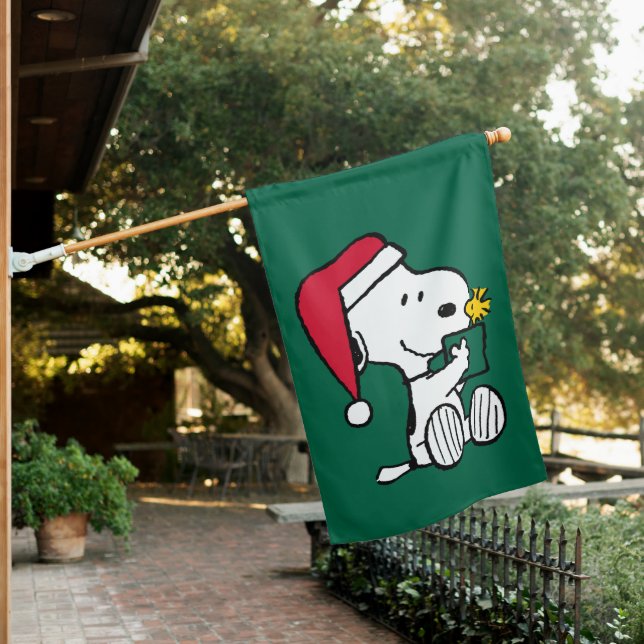 Peanuts | Snoopy Santa & Woodstock Gift House Flag (In SItu)