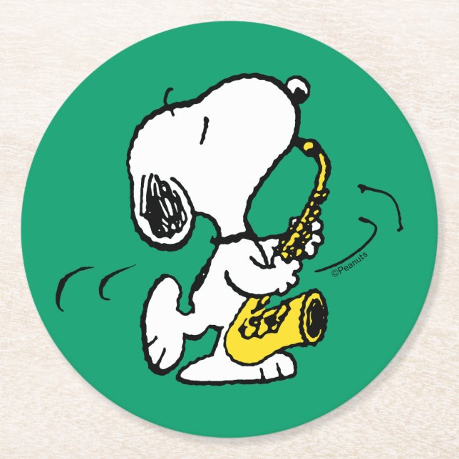 Peanuts | Snoopy Saxophone Player Round Paper Coaster (Front)