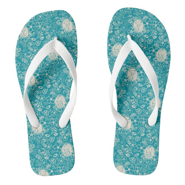 Peanuts | Snoopy Teal Tropical Beach Pattern Flip Flops (Footbed)