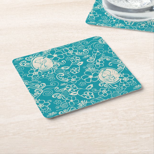 Peanuts | Snoopy Teal Tropical Beach Pattern Square Paper Coaster (Angled)