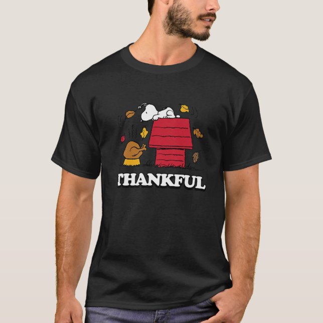 Peanuts Snoopy Thankful Turkey with Fall Leaves Pr T-Shirt (Front)