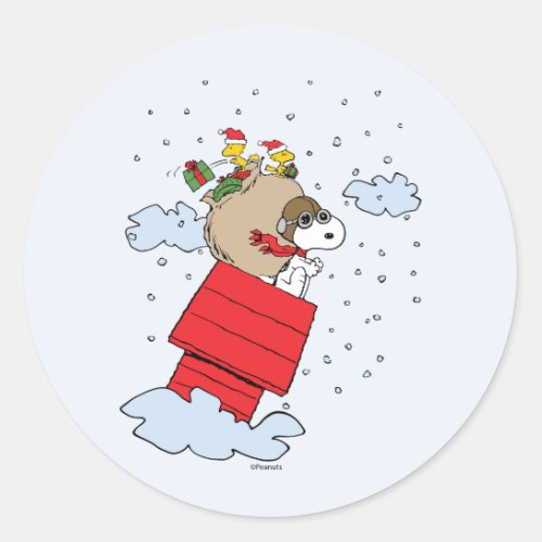 Peanuts  Snoopy the Red Baron at Christmas Classic Round Sticker