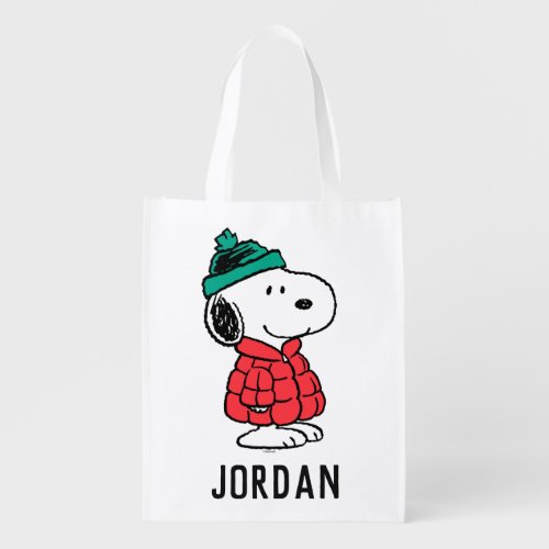 Peanuts  Snoopy Winter Coat  Hat  Add Your Name Grocery Bag