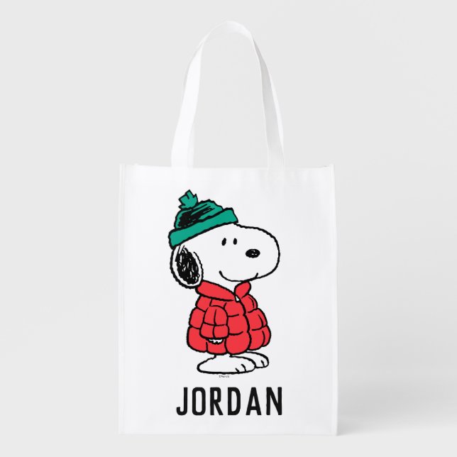 Peanuts | Snoopy Winter Coat & Hat | Add Your Name Grocery Bag (Front)