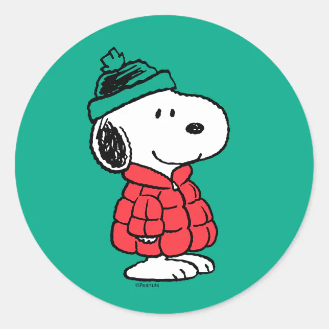 Peanuts | Snoopy Winter Coat & Hat Classic Round Sticker | Zazzle