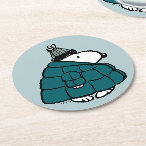 Peanuts Snoopy Winter Puffer Jacket Round Paper Coaster Zazzle 9559