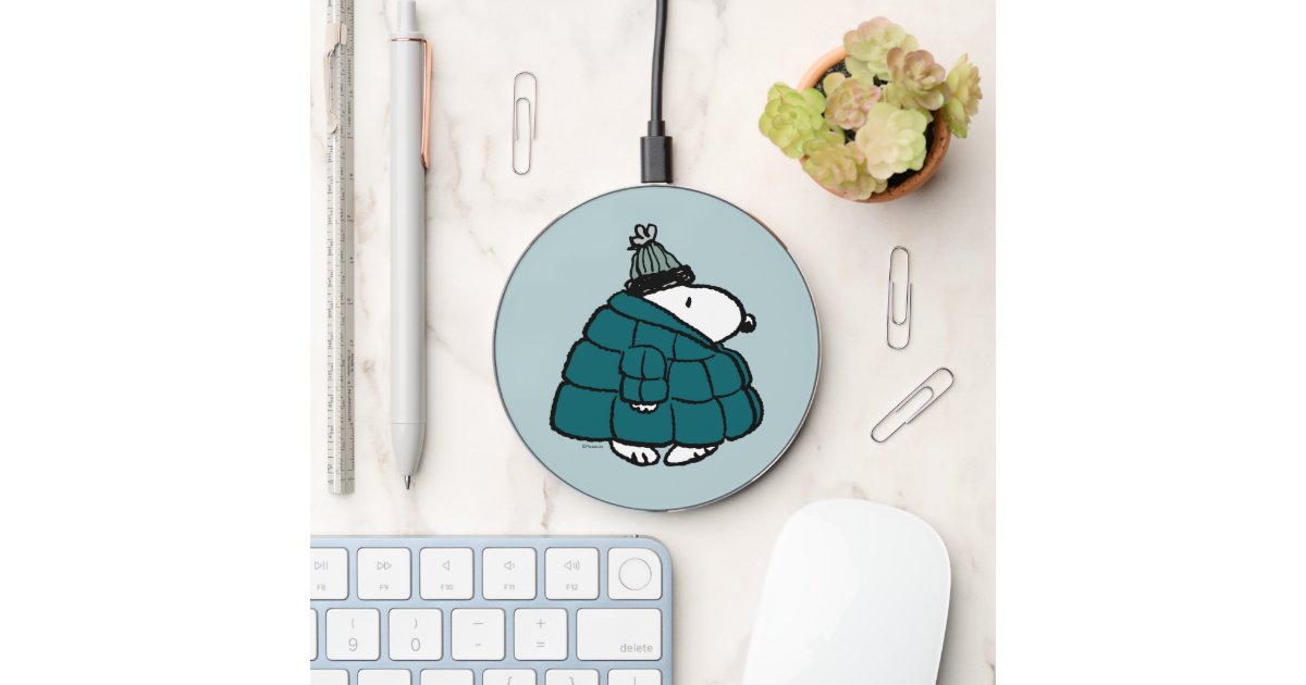 Peanuts | Snoopy Winter Puffer Jacket Wireless Charger | Zazzle