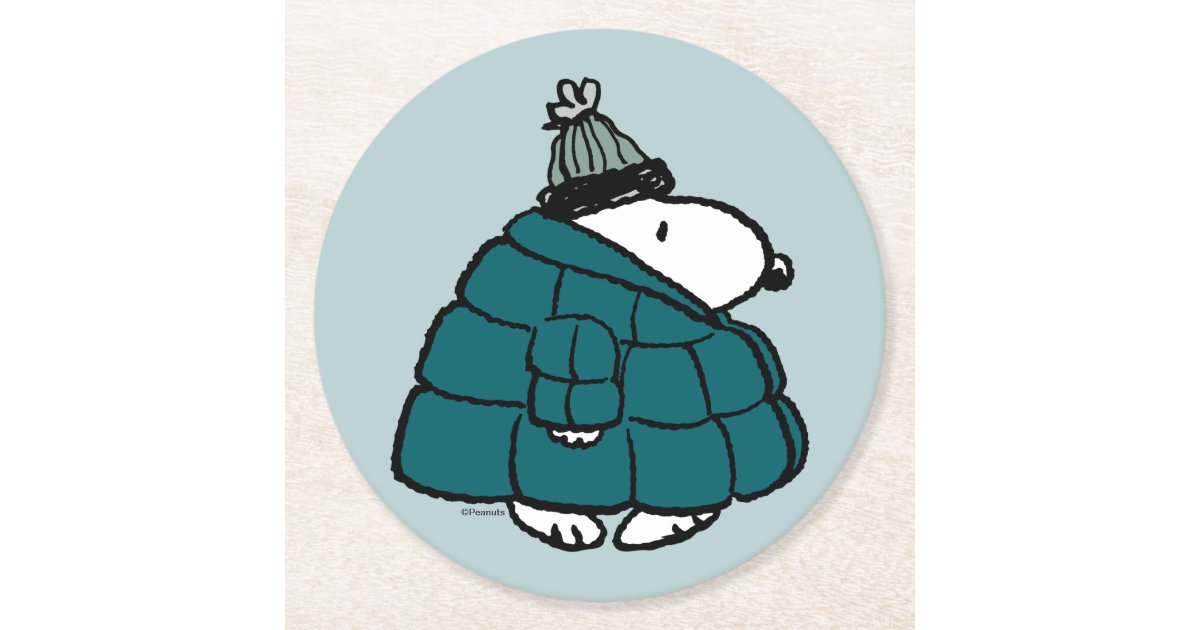 Peanuts | Snoopy Winter Puffy Jacket Round Paper Coaster | Zazzle
