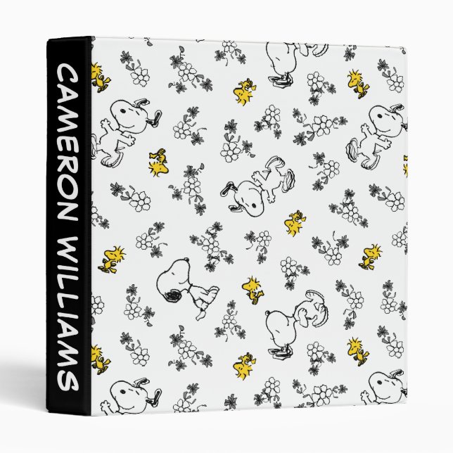 Peanuts | Snoopy & Woodstock B&W Flower Pattern 3 Ring Binder (Front/Spine)