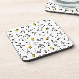Peanuts Snoopy & Woodstock B&W Flower Pattern Beverage Coaster