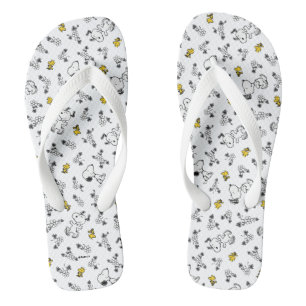 Peanuts   Snoopy & Woodstock B&W Flower Pattern Flip Flops