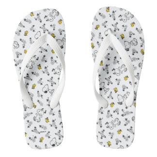 Peanuts | Snoopy & Woodstock B&W Flower Pattern Flip Flops