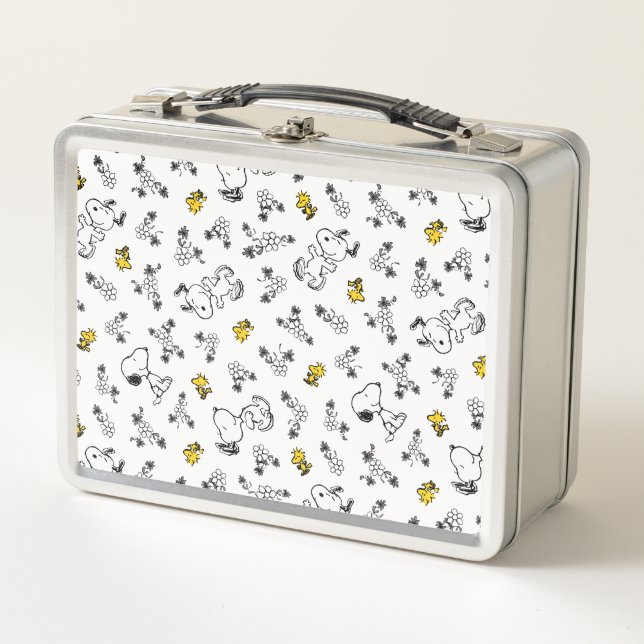Peanuts | Snoopy & Woodstock B&W Flower Pattern Metal Lunch Box (Front)
