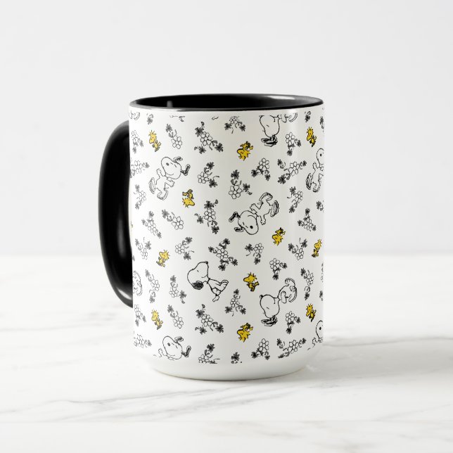 Peanuts | Snoopy & Woodstock B&W Flower Pattern Mug (Front Left)