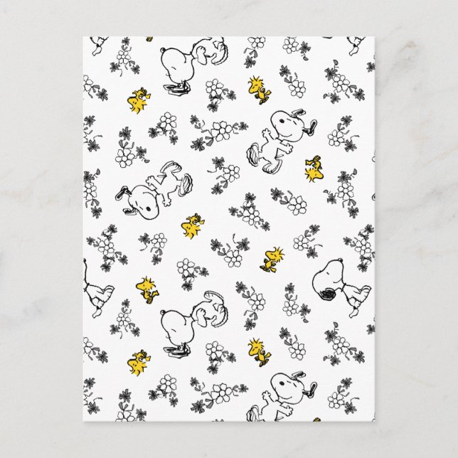 Peanuts | Snoopy & Woodstock B&W Flower Pattern Postcard (Front)