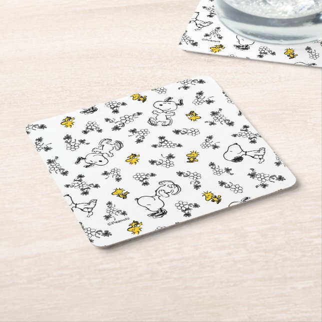 Peanuts | Snoopy & Woodstock B&W Flower Pattern Square Paper Coaster (Angled)